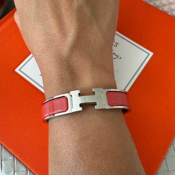 Hermes Clic H Clac Rouge Corail Coral Enamel Palladium Plated Bracelet PM New - Picture 12 of 13
